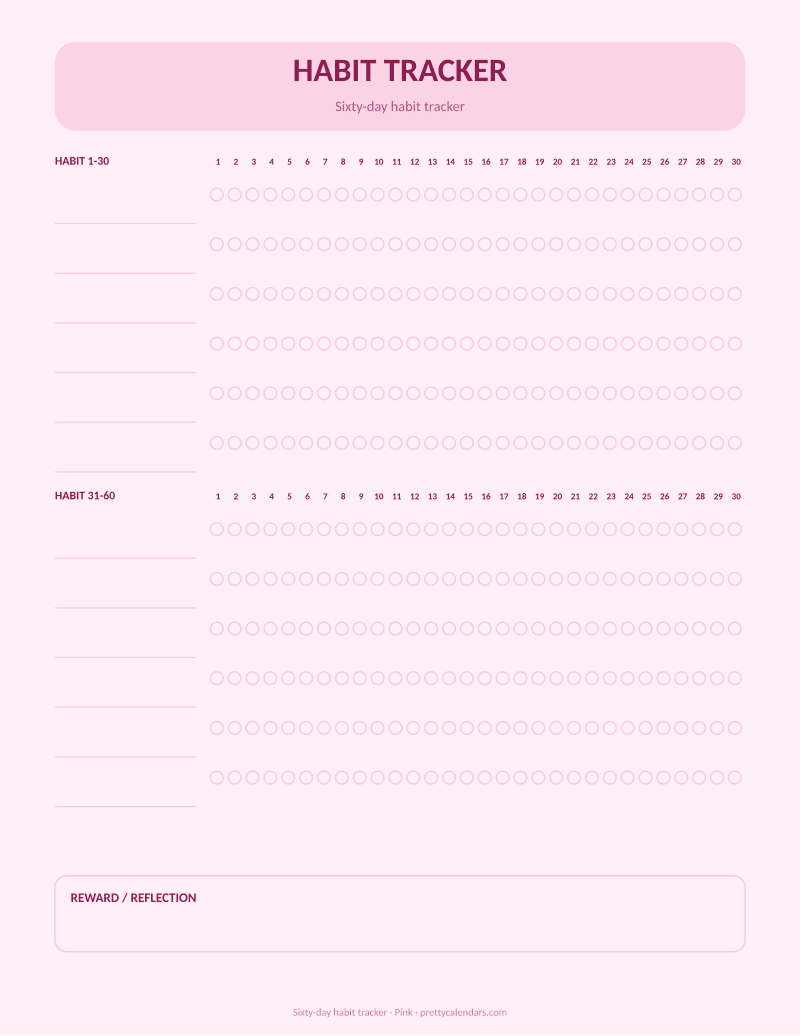 Sixty-day habit tracker printable, Pink