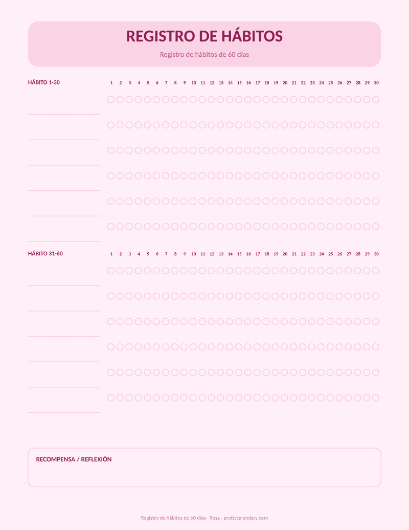 Registro de hábitos de 60 días para imprimir, diseño Rosa