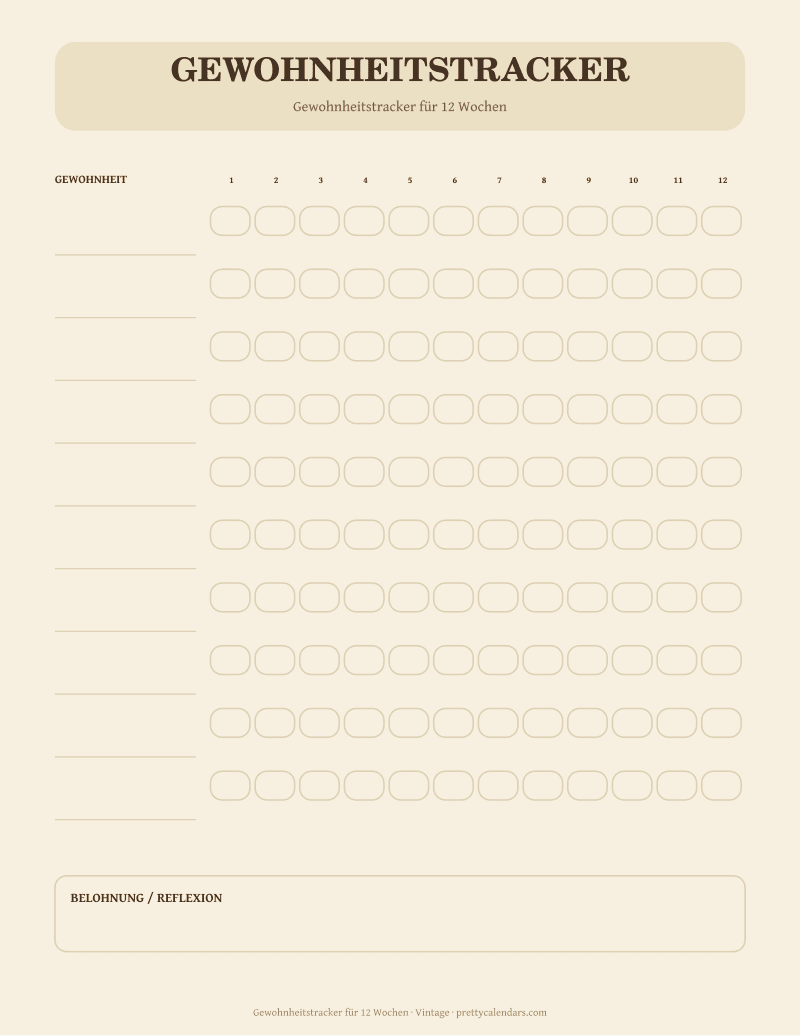 Gewohnheitstracker für 12 Wochen zum Ausdrucken, Design Vintage
