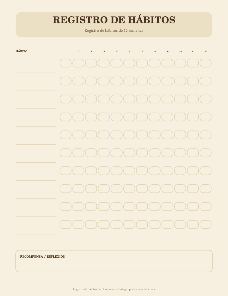 Registro de hábitos de 12 semanas para imprimir, diseño Vintage