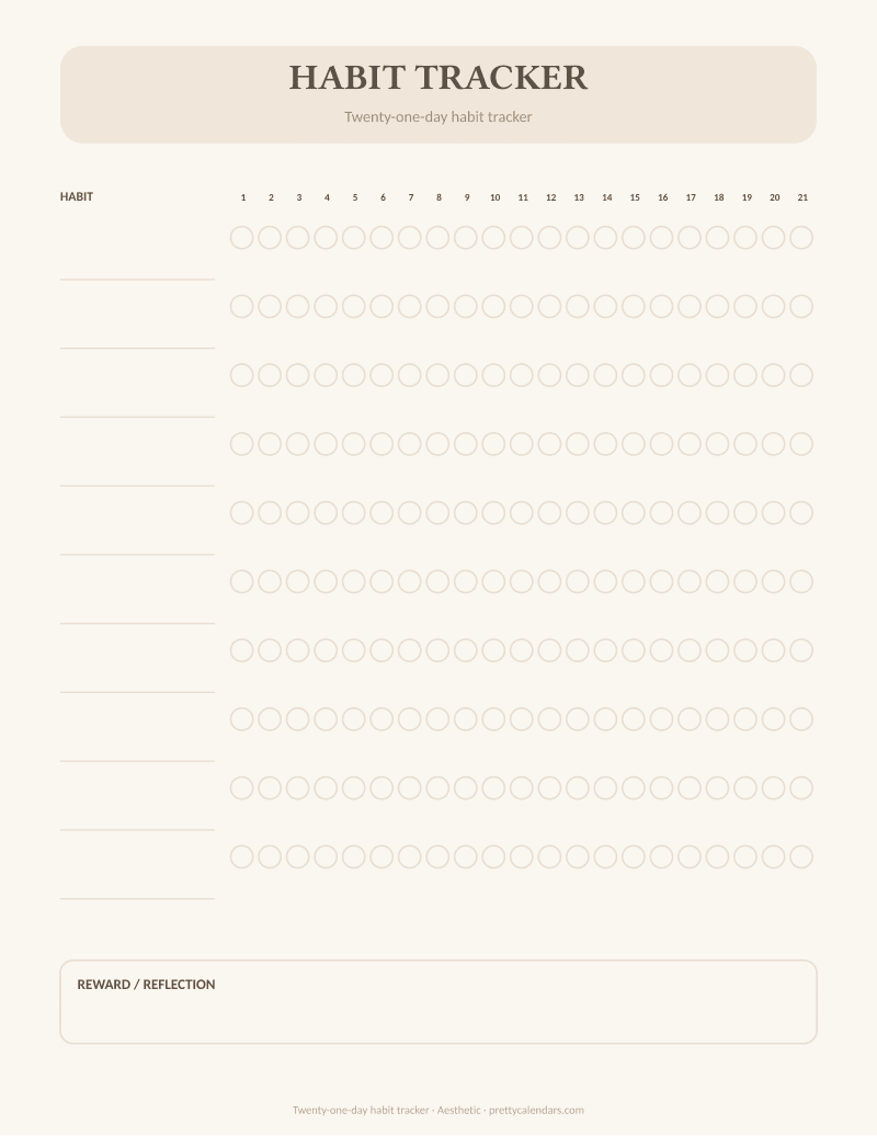 Twenty-one-day habit tracker printable, Aesthetic