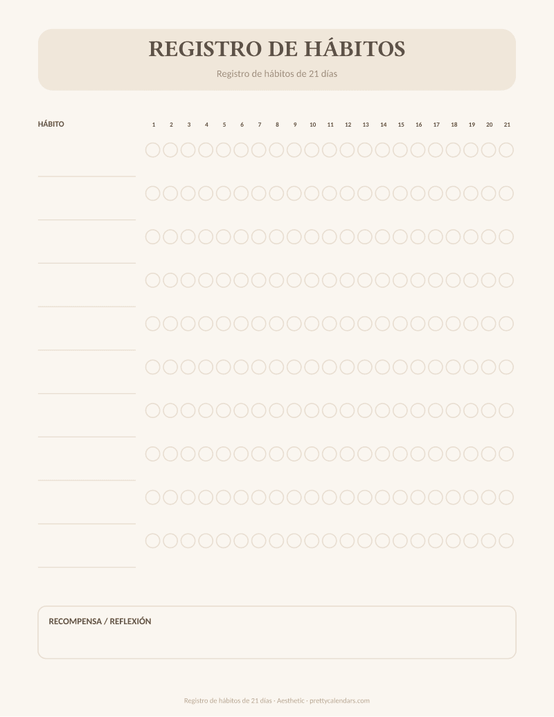 Registro de hábitos de 21 días para imprimir, diseño Aesthetic
