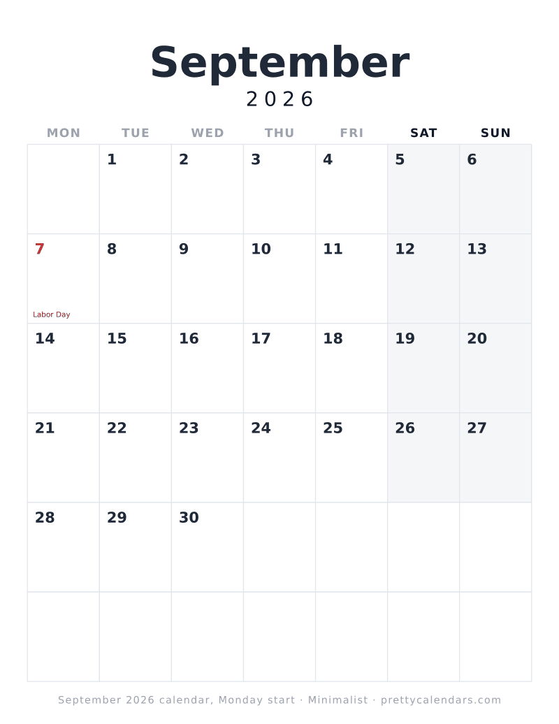 September 2026 Monday start