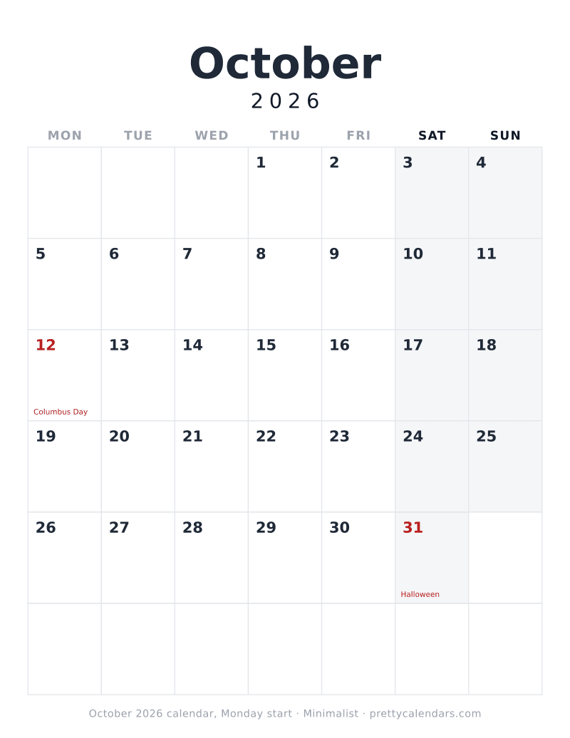 October 2026 Monday start