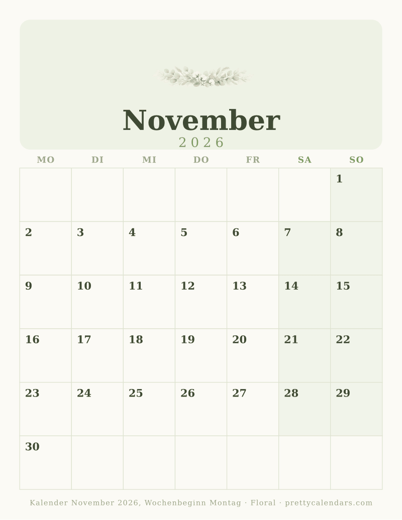 November 2026 Wochenbeginn Montag
