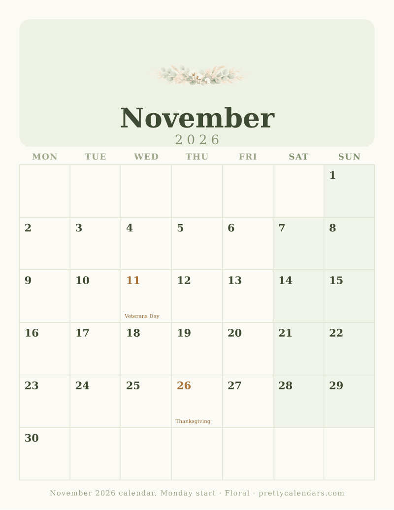 November 2026 Monday start