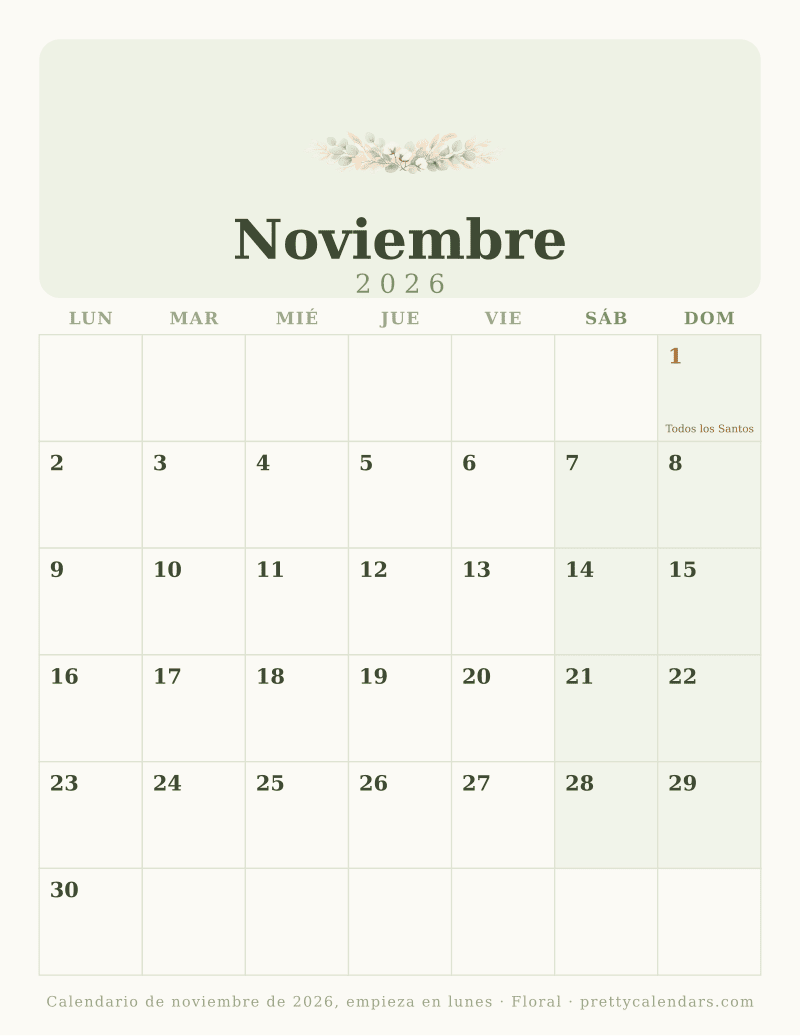 Noviembre 2026 empieza en lunes
