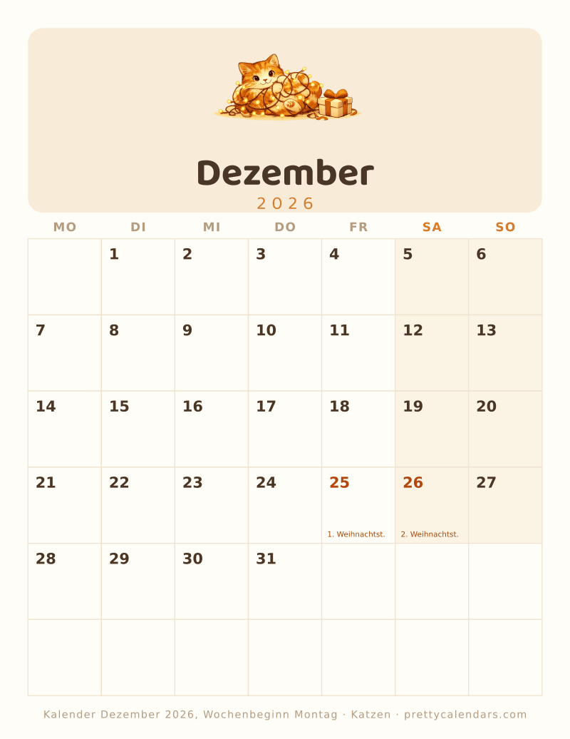 Dezember 2026 Wochenbeginn Montag