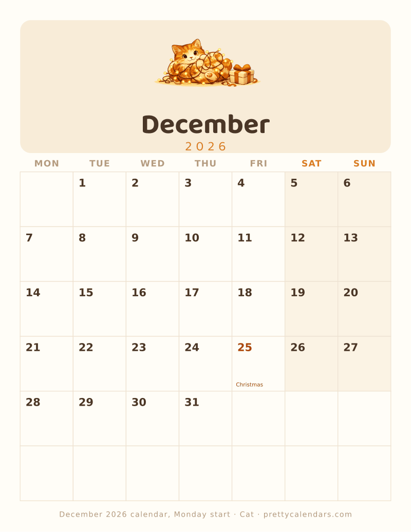 December 2026 Monday start