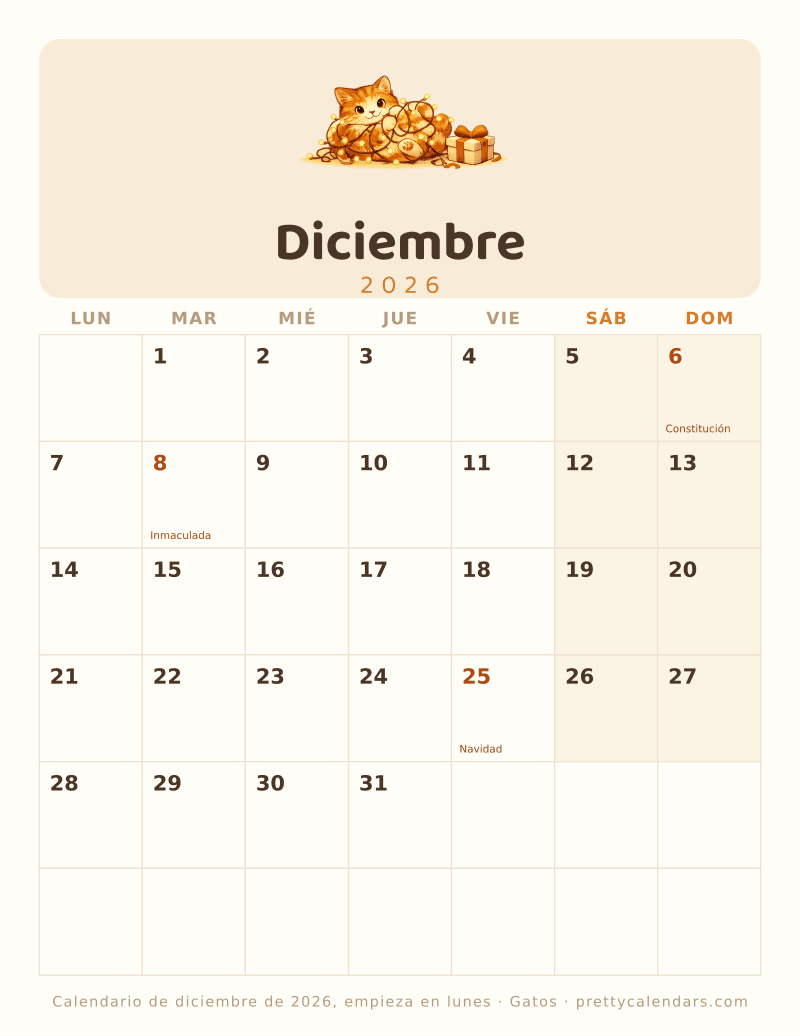 Diciembre 2026 empieza en lunes