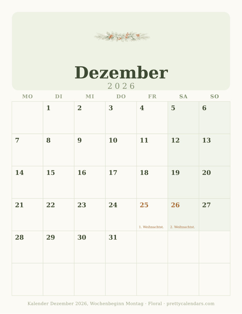Dezember 2026 Wochenbeginn Montag