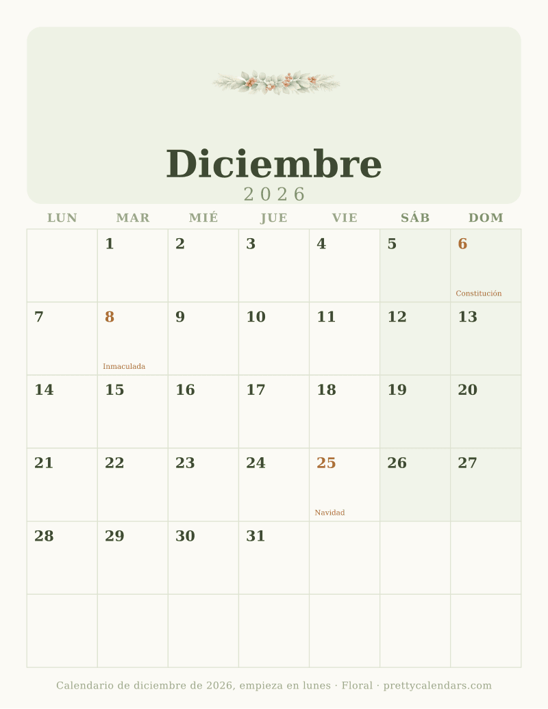 Diciembre 2026 empieza en lunes