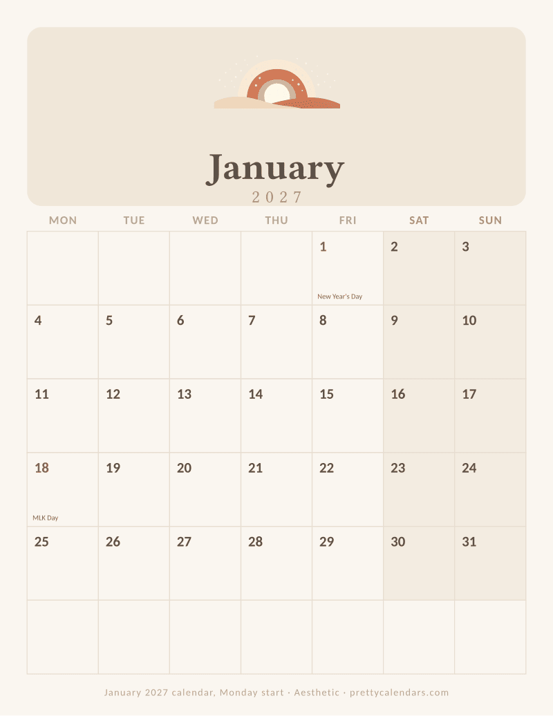 January 2027 Monday start