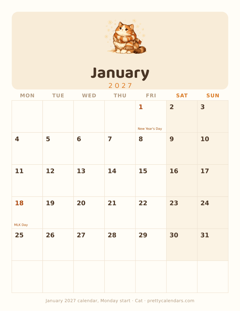 January 2027 Monday start