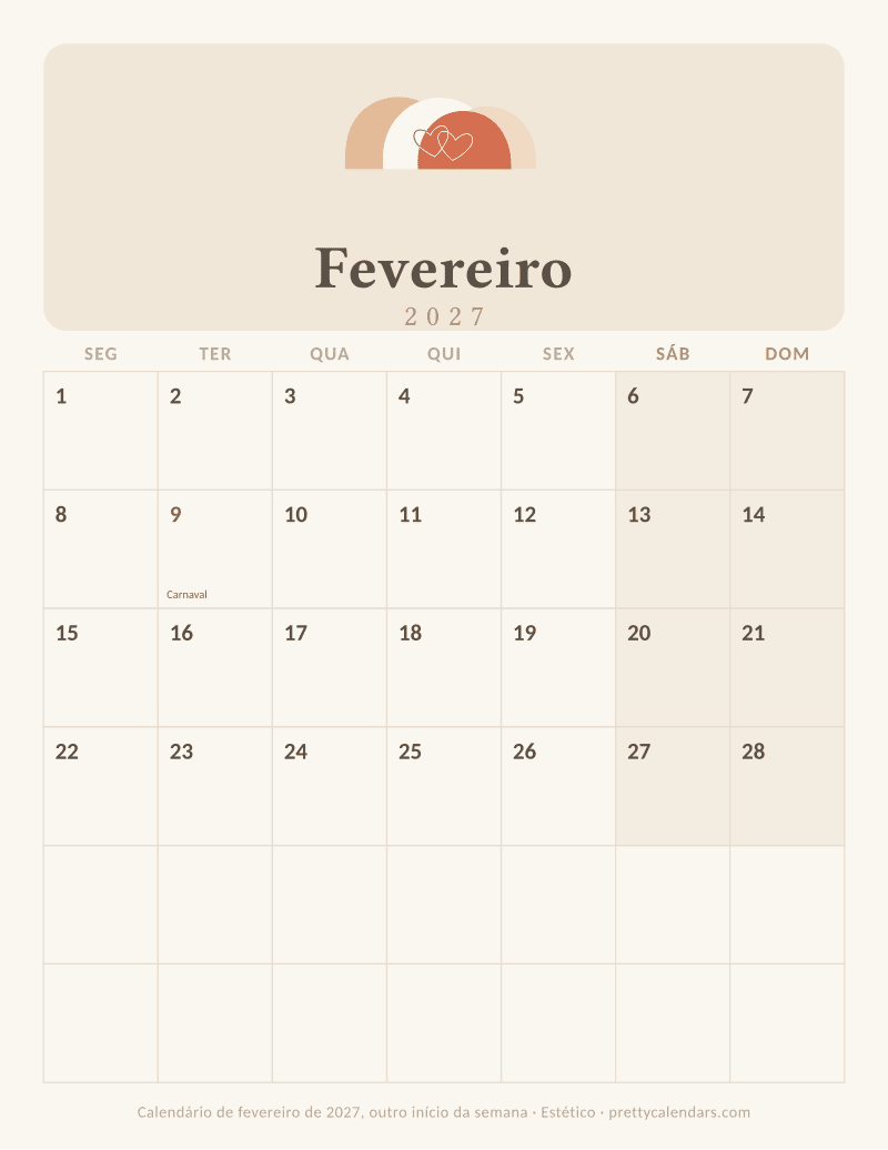Fevereiro 2027 começa na segunda