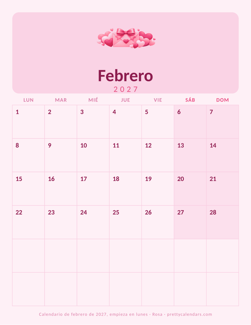 Febrero 2027 empieza en lunes