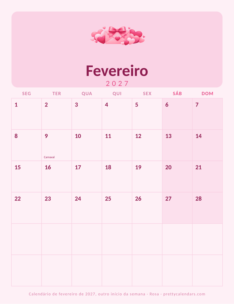 Fevereiro 2027 começa na segunda