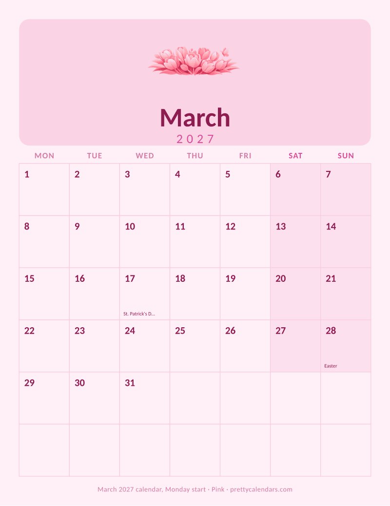 March 2027 Monday start