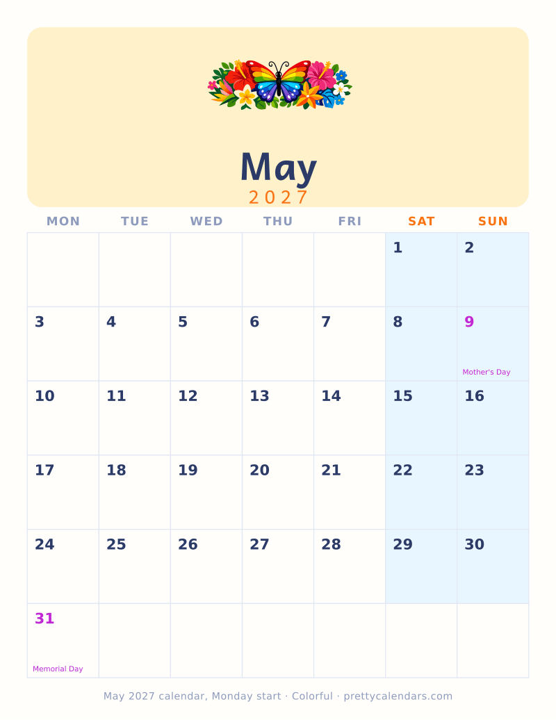 May 2027 Monday start