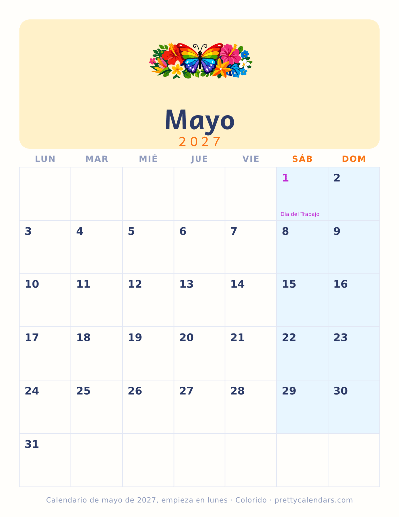 Mayo 2027 empieza en lunes