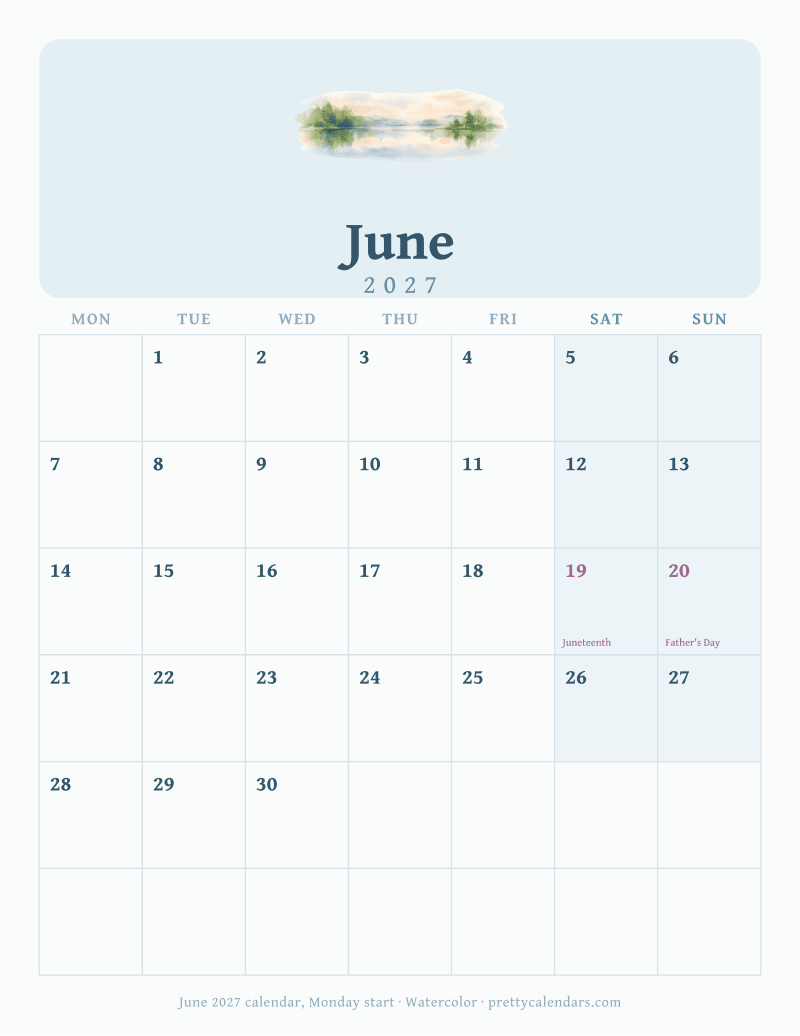 June 2027 Monday start