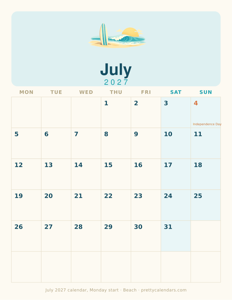 July 2027 Monday start