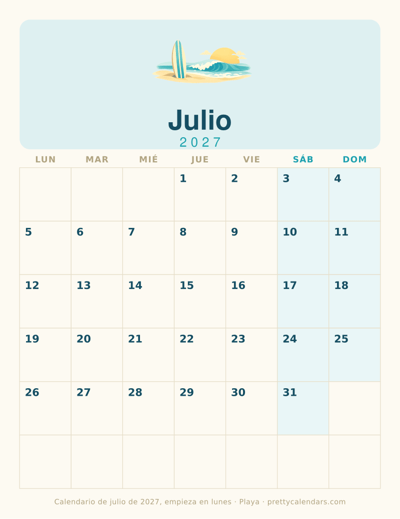 Julio 2027 empieza en lunes