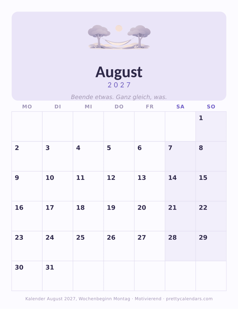 August 2027 Wochenbeginn Montag