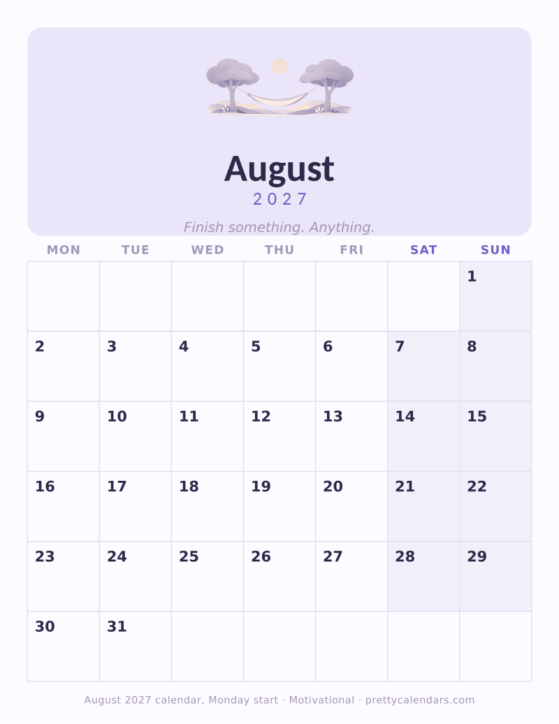 August 2027 Monday start