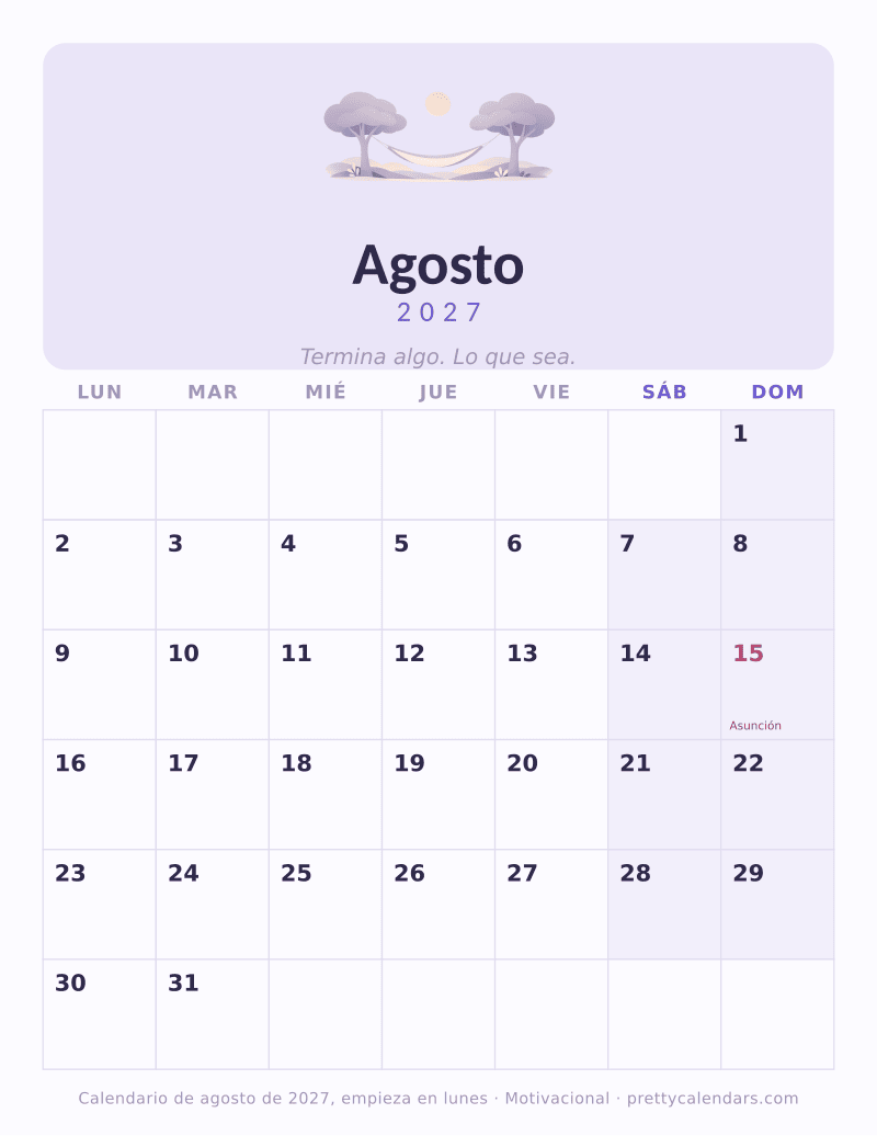Agosto 2027 empieza en lunes