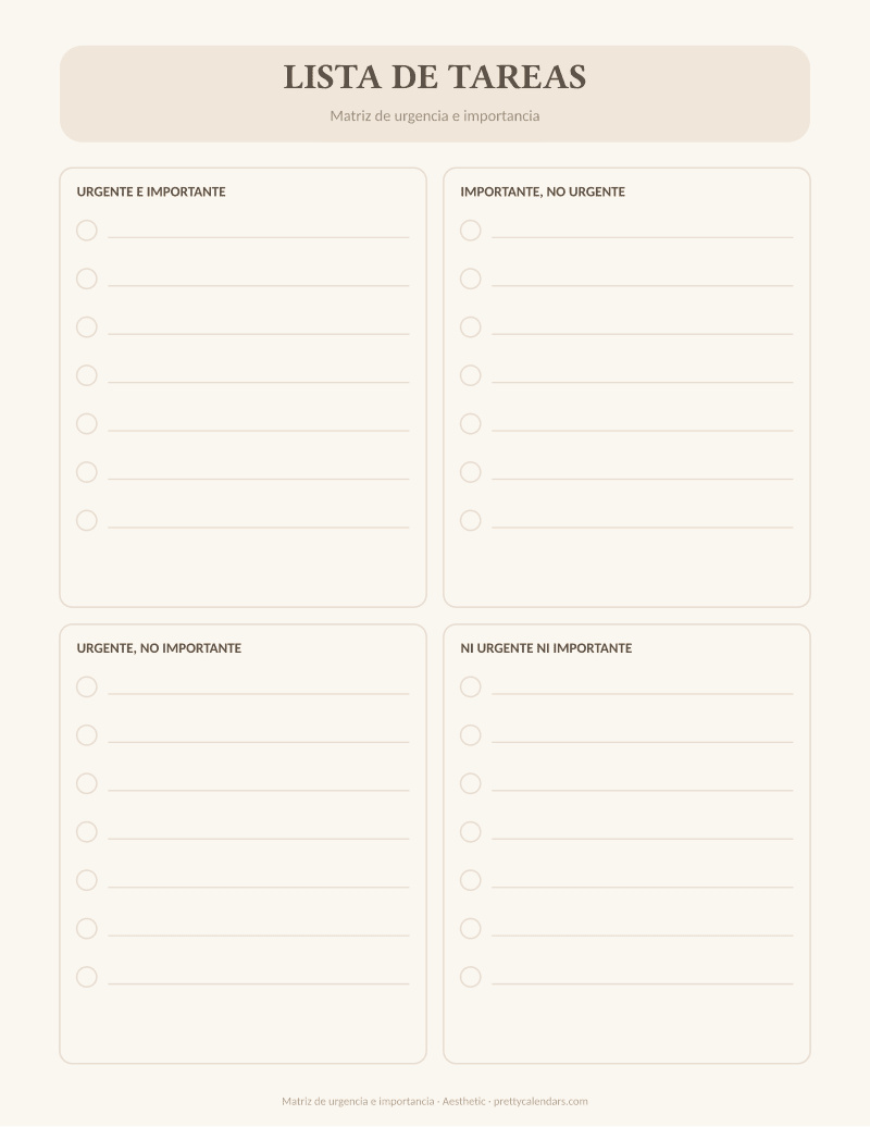 Matriz de urgencia e importancia para imprimir, diseño Aesthetic