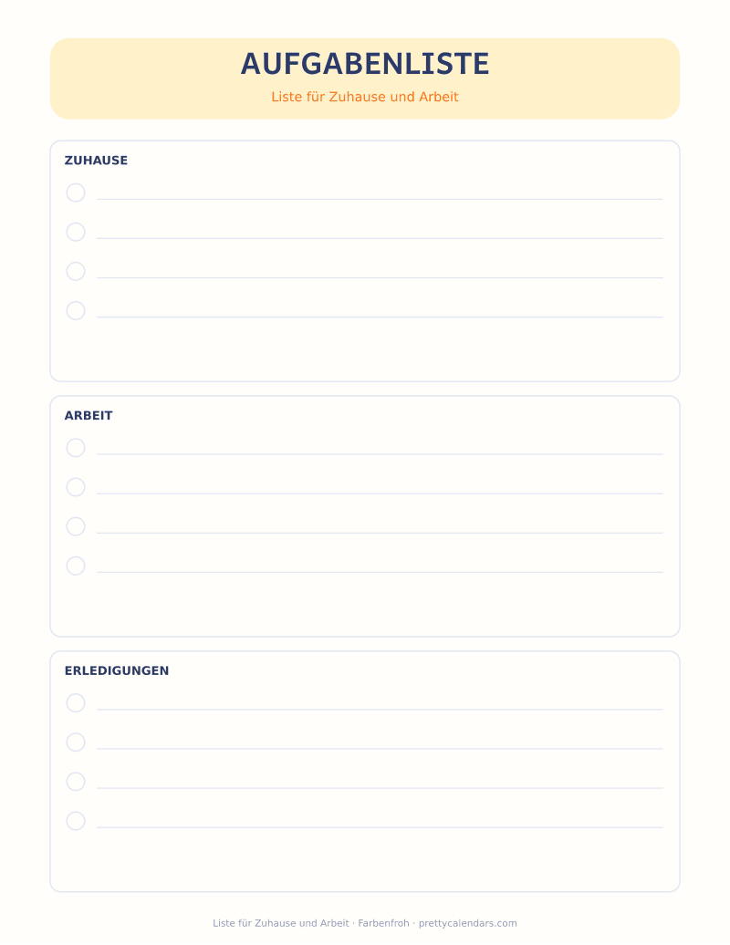 Liste für Zuhause und Arbeit zum Ausdrucken, Design Farbenfroh