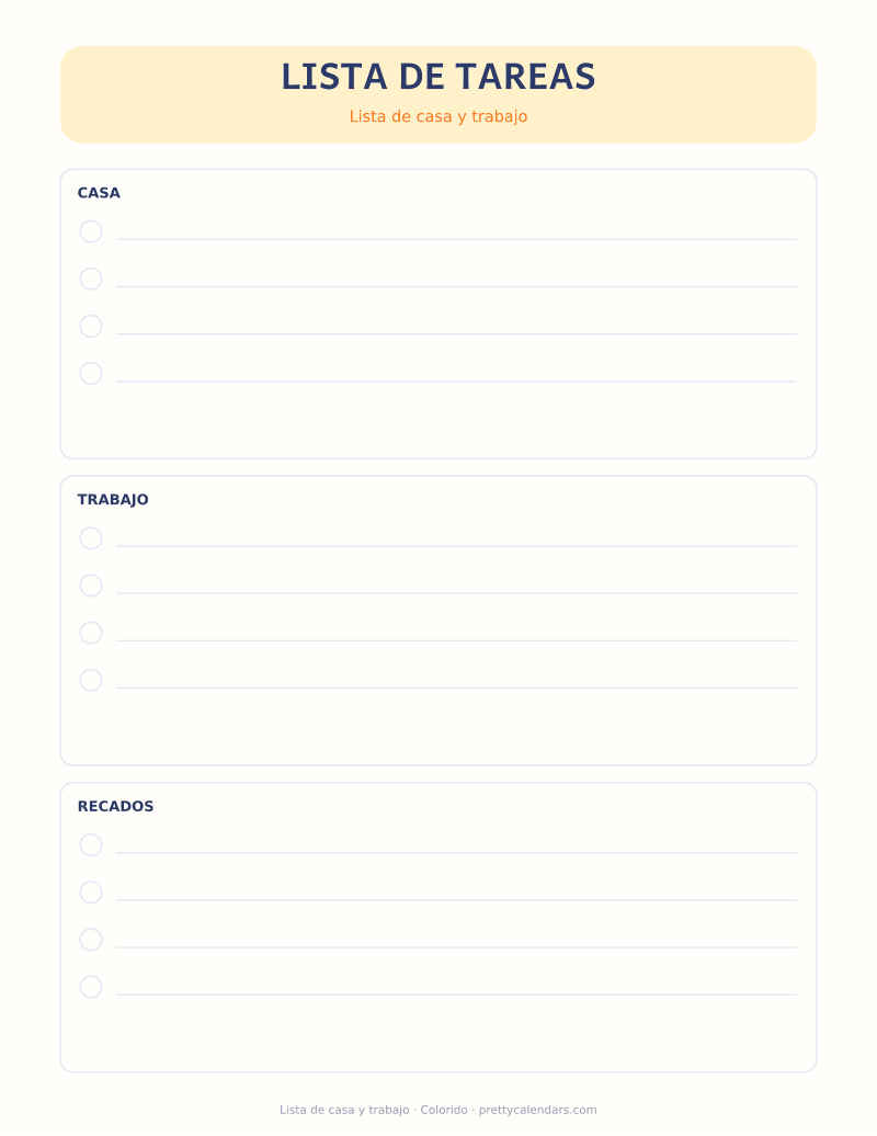 Lista de casa y trabajo para imprimir, diseño Colorido