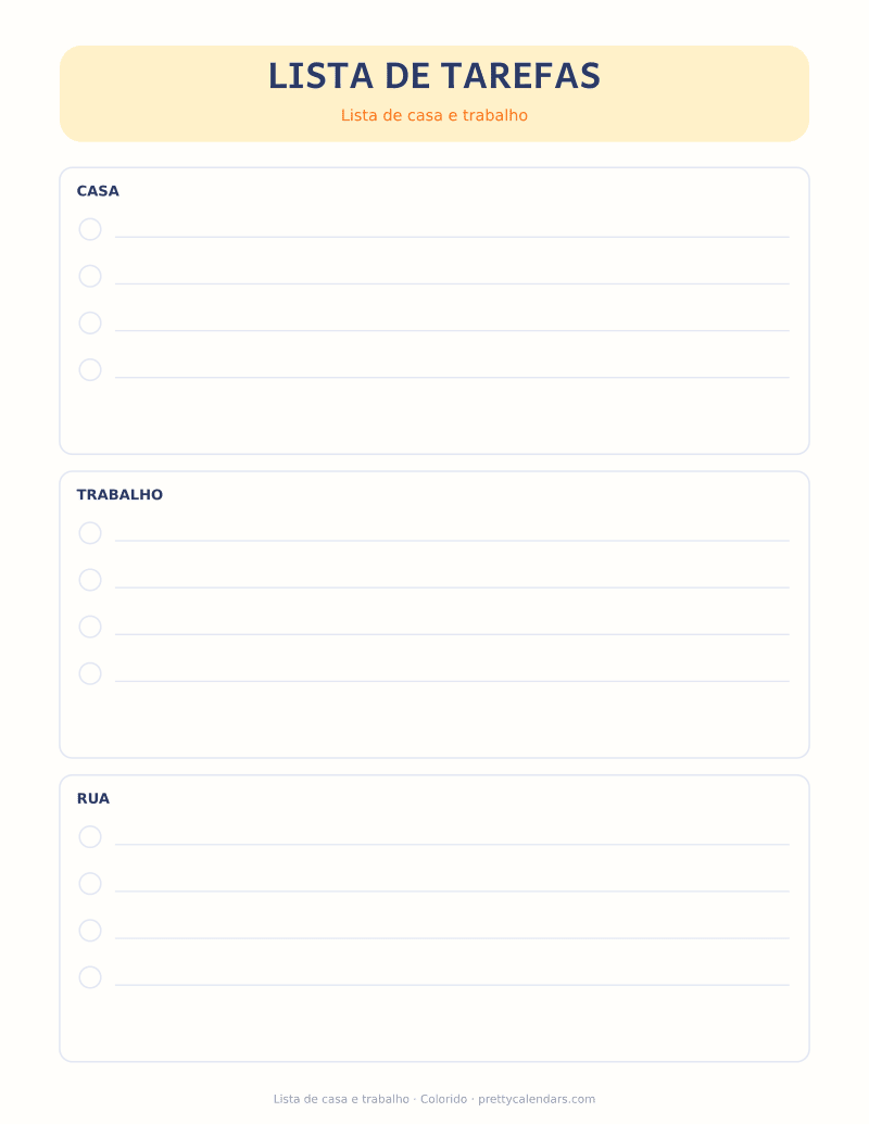 Lista de casa e trabalho para imprimir, estilo Colorido