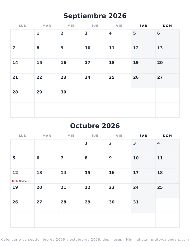 Septiembre 2026 dos meses por hoja