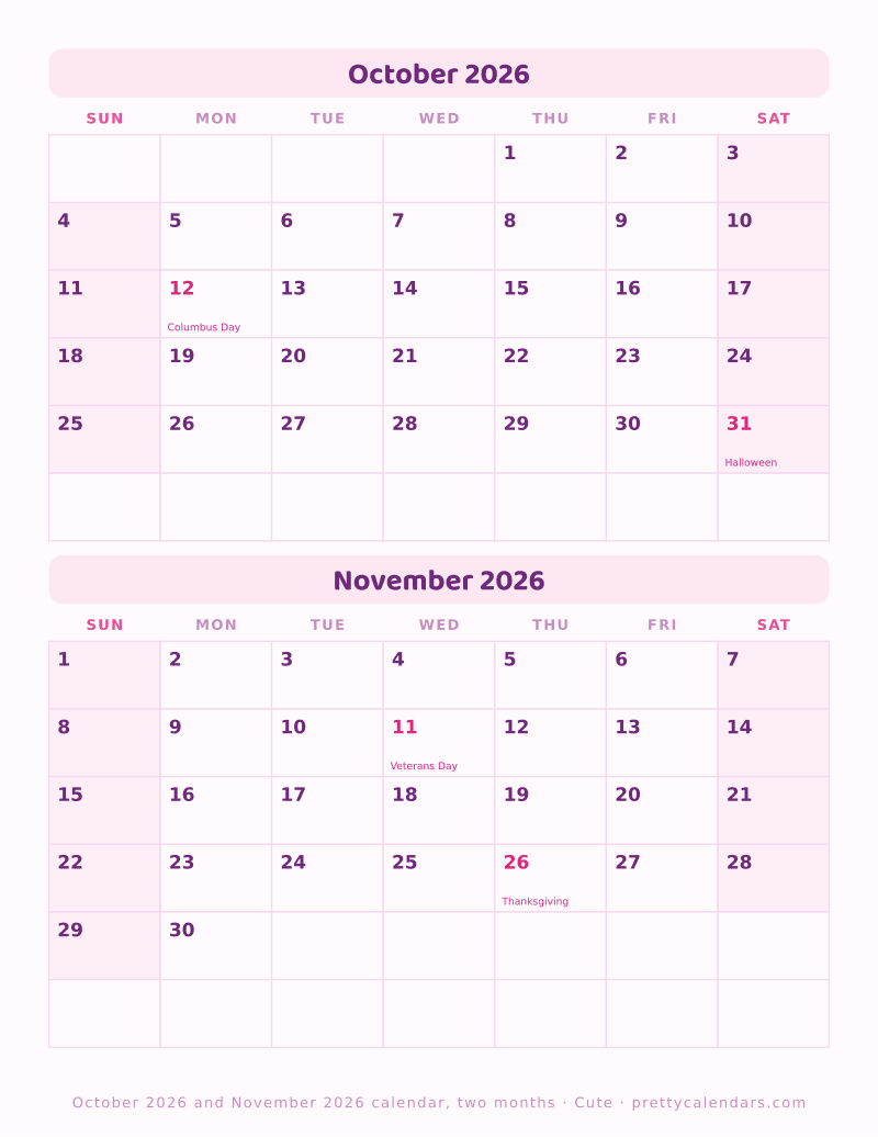 October 2026 two months per page