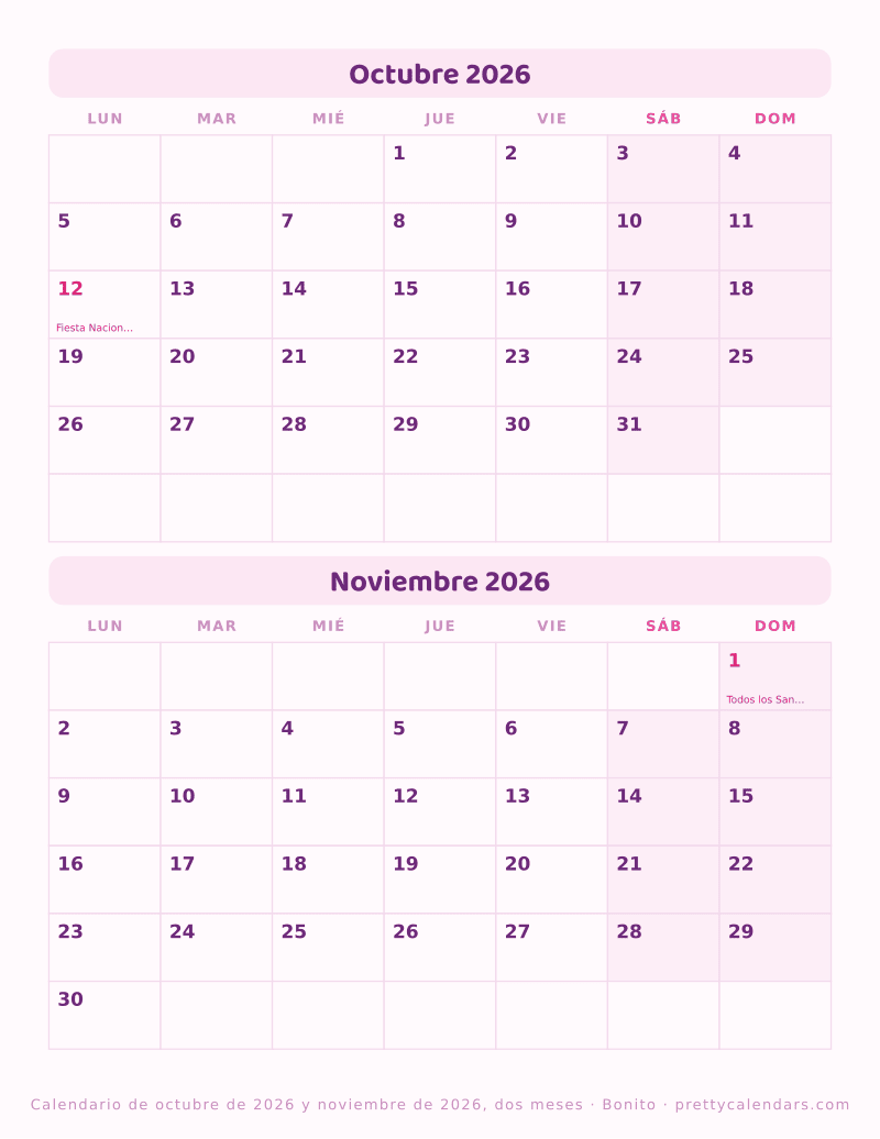 Octubre 2026 dos meses por hoja