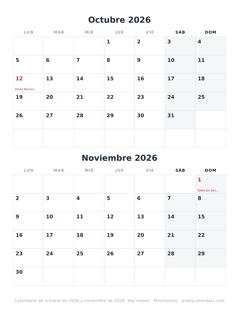 Octubre 2026 dos meses por hoja