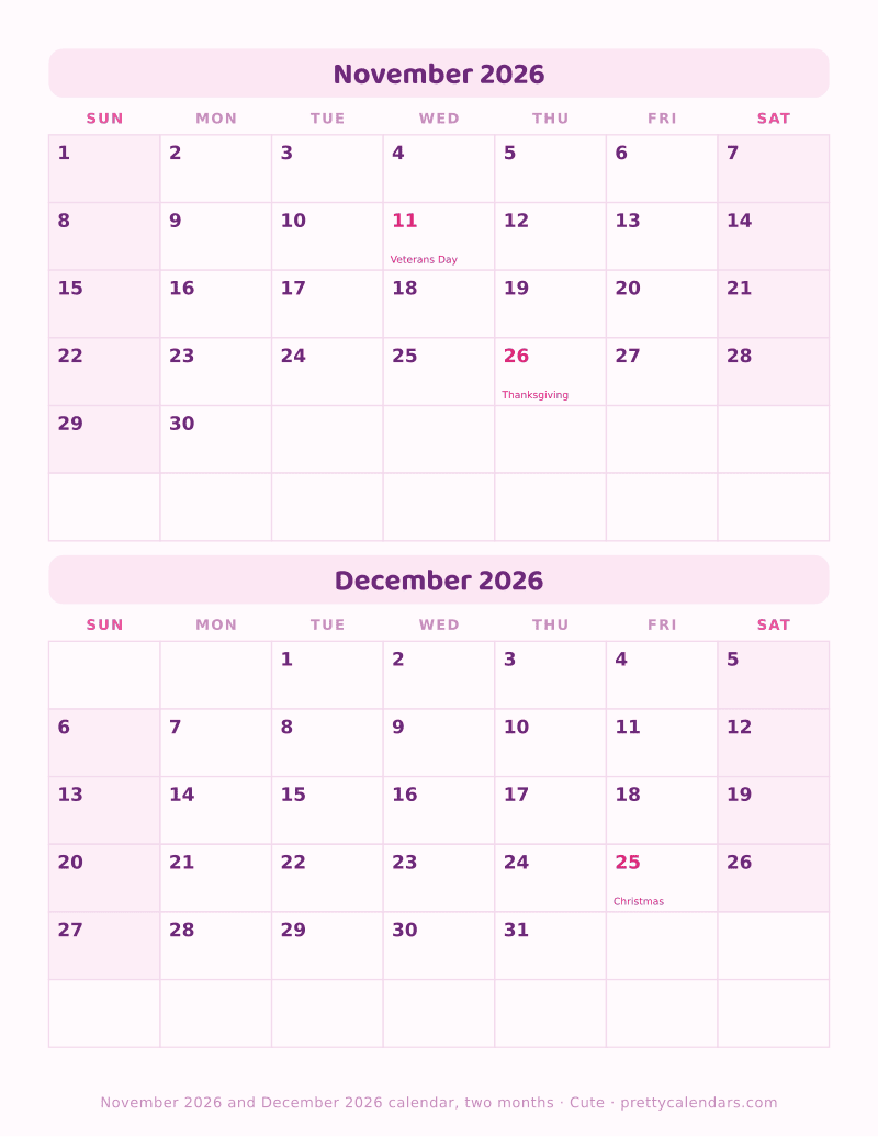 November 2026 two months per page