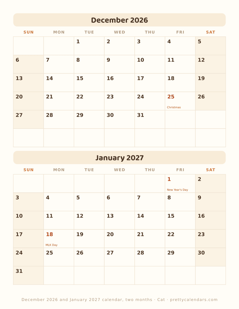 December 2026 two months per page