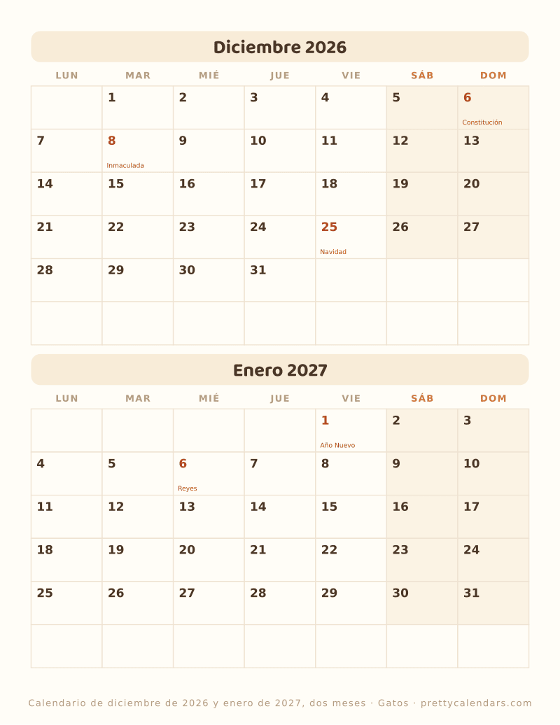 Diciembre 2026 dos meses por hoja