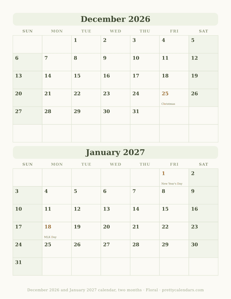 December 2026 two months per page