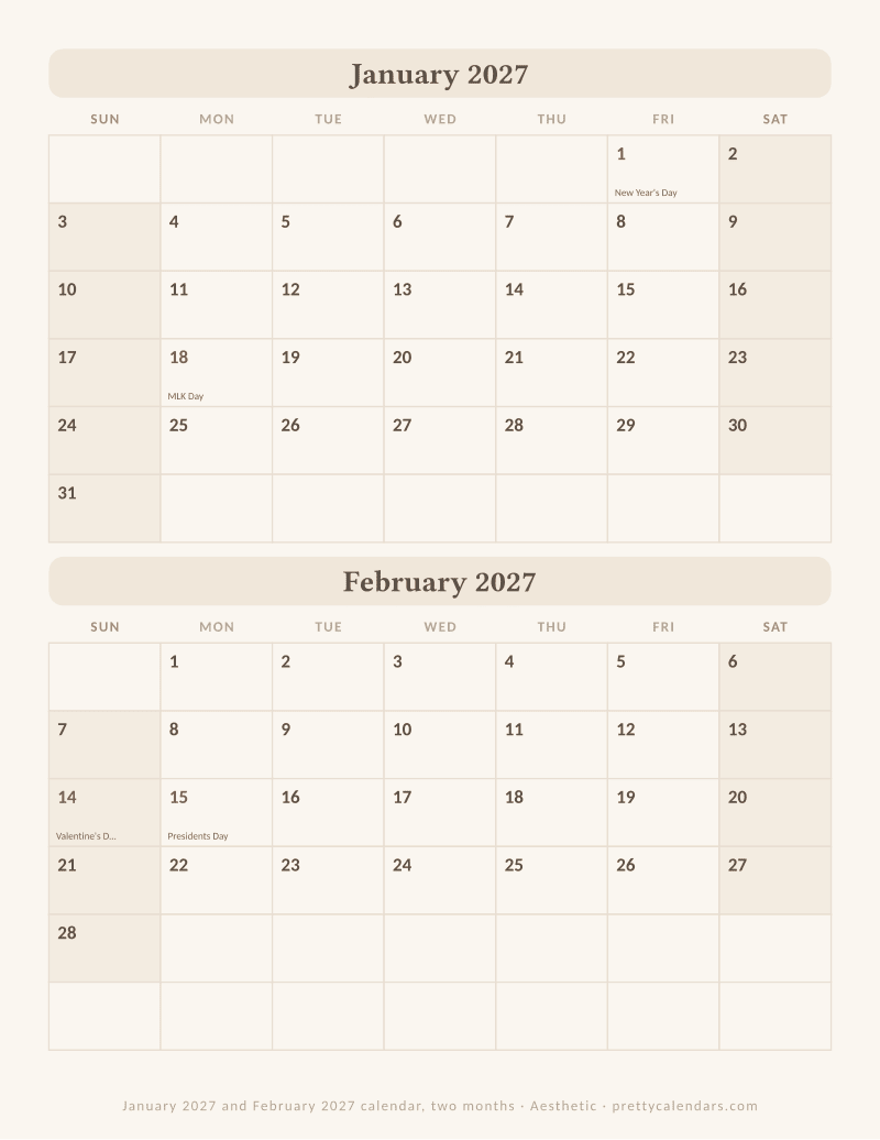 January 2027 two months per page