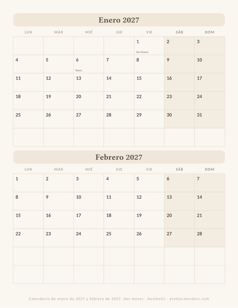 Enero 2027 dos meses por hoja