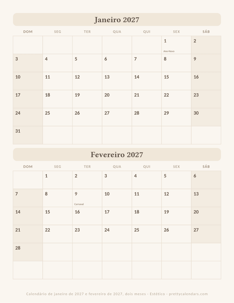 Janeiro 2027 dois meses por página