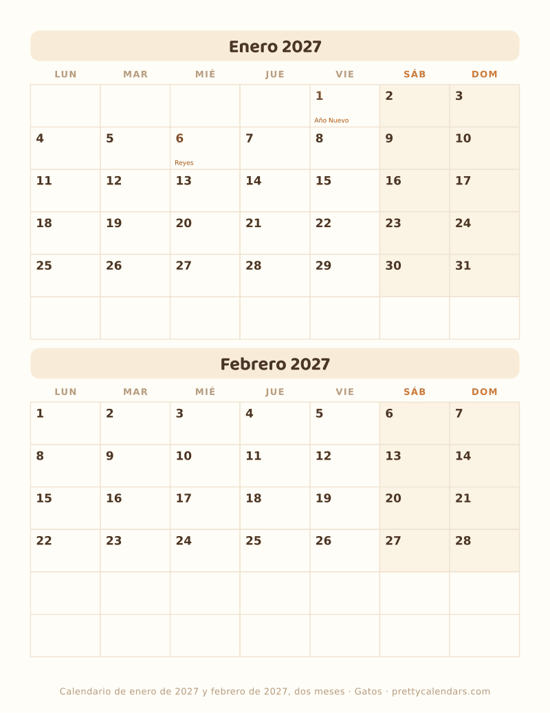 Enero 2027 dos meses por hoja