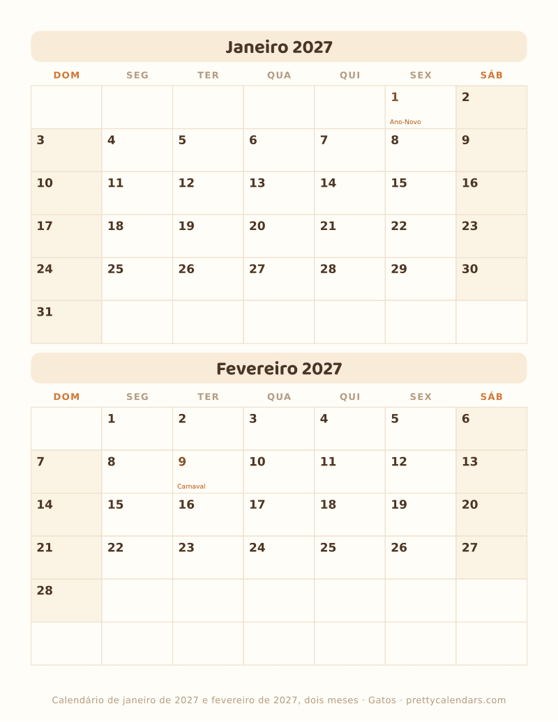 Janeiro 2027 dois meses por página