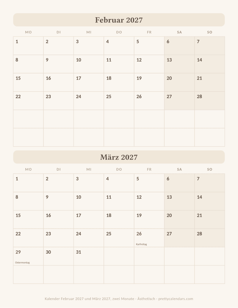 Februar 2027 zwei Monate pro Seite