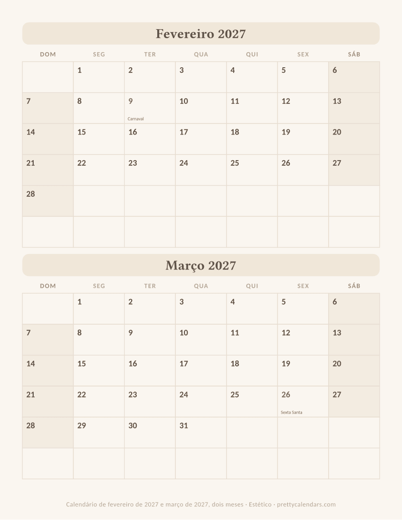 Fevereiro 2027 dois meses por página