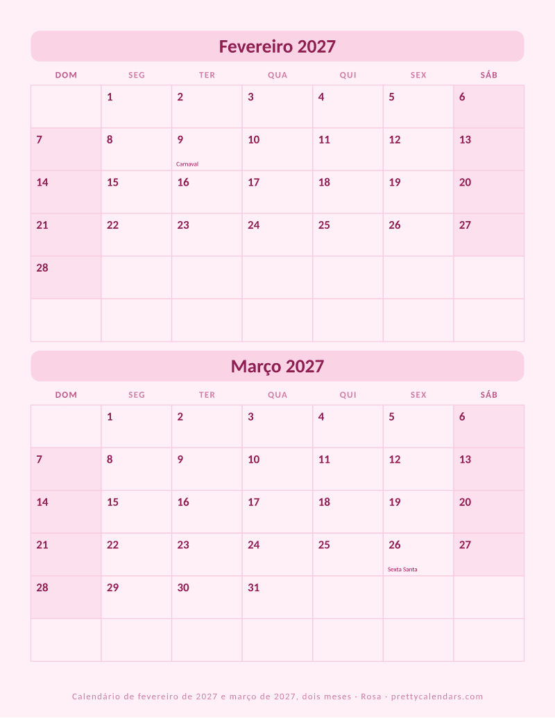 Fevereiro 2027 dois meses por página